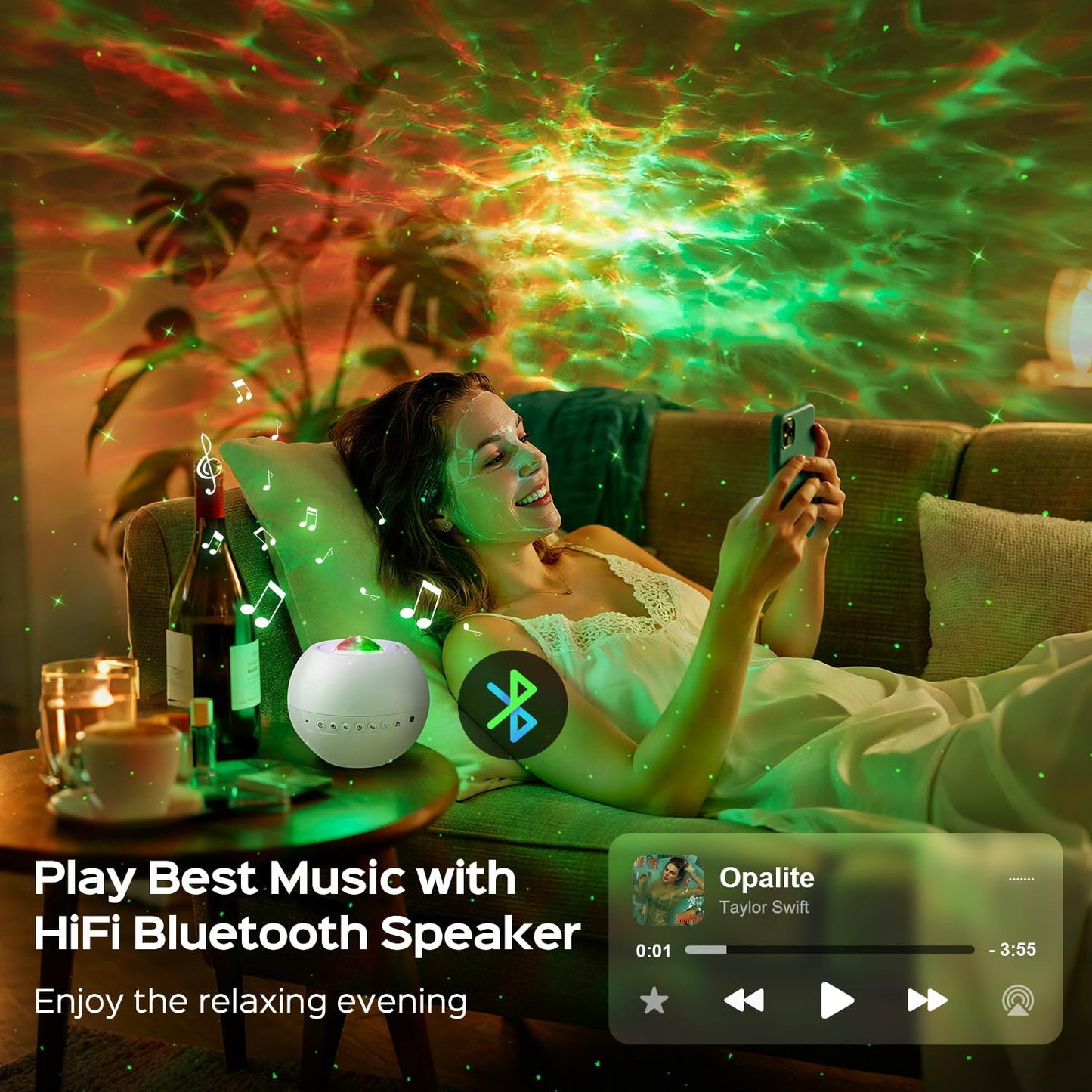 One Fire 360 Lights Galaxy Projector Night Light Projector Star Projector Mothers Day Gifts Teen Girl Gifts for Boys Gift Ideas Women Gifts Birthday Gifts Lava Lamp 15 White Noise+Bluetooth Room Decor
