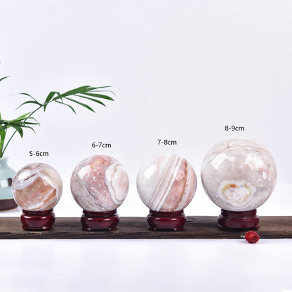 JIC Gem Natural Pink Agate Crystal Sphere with Wooden Stand,Decorative Crystal Ball Pink Gemstone Sphere for Meditation,Feng Shui,Witch-Style Decor,Table 70-80mm
