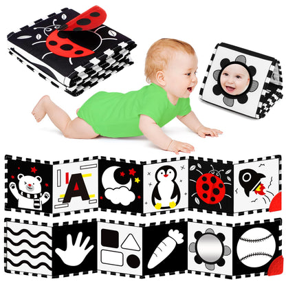 BBWOO High Contrast Baby Toys for Newborn, Tummy Time Mirror, Black and White Baby Toy for 0-6 Months, Soft Montessori Visual Stimulation Infant Book, Boy Girl Shower Gift
