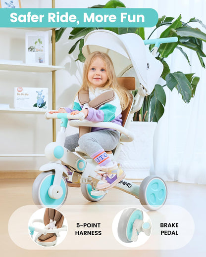JMMD Baby Tricycle, 7-in-1 Multifunctional Kids Trike with Adjustable Parent Handle, Safety Harness & Wheel Brakes, Removable Canopy, Stroll Trike for Boys & Girls Ages 18 Months-5 Years, Mint