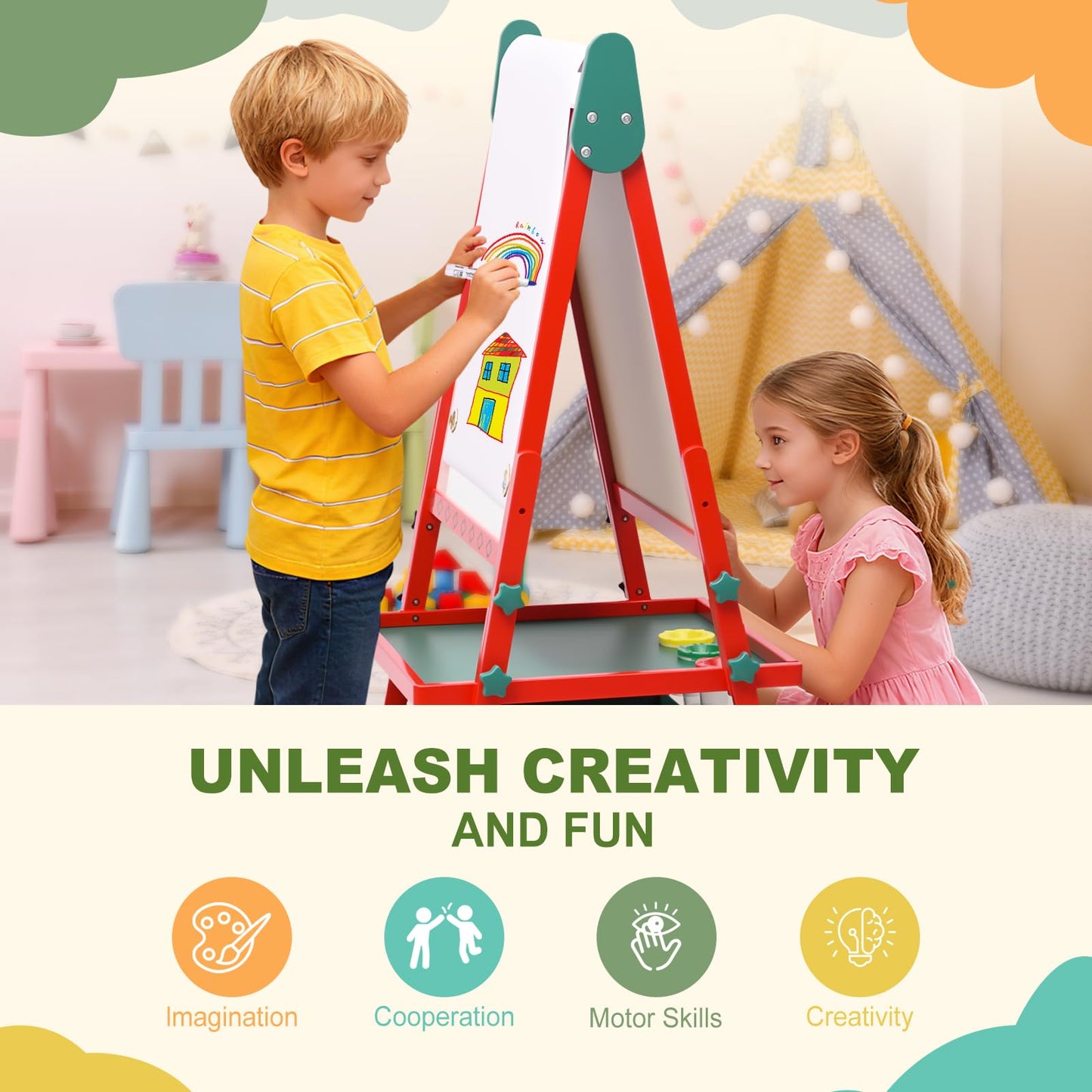 BBV Kids Wooden Easel with Paper Roll, Adjustable Magnetic Double Sided Drawing Board Whiteboard & Chalkboard Dry Easel Board, Children Art Easel for 3~12 Years Kids Boys Girls Painting Drawing（Red）