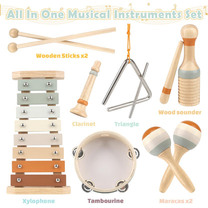 Musical Instruments - 6 in 1 Wooden Musical Toys for 2 3 Year Old Boy & Girls Birthday Gifts, Neutral Colors with Modern Boho Xylophone for Toddler Preschool Educational Toy for Baby 18+ Months