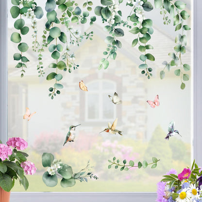Mfault Spring Summer Hanging Vine Plant Window Clings, Eucalyptus Leaves Hummingbird Flower Butterfly Stickers Decals Decorations, Botanical Floral Plant Home Living Room Kitchen Decor