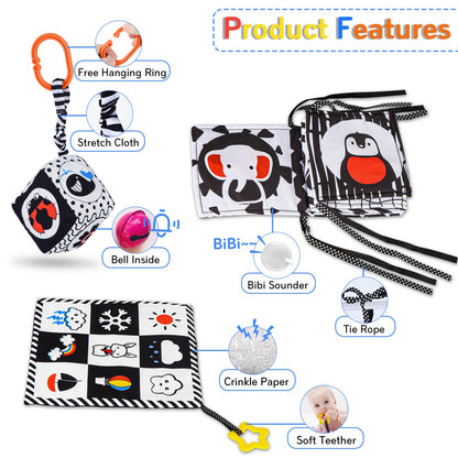 SAMMAS 3 Pcs Black and White High Contrast Baby Toys 0-6 Months for Newborn, Babies Sensory Soft Book for Early Education, Infant Tummy Time Cloth Book, Montessori Toys for Babies