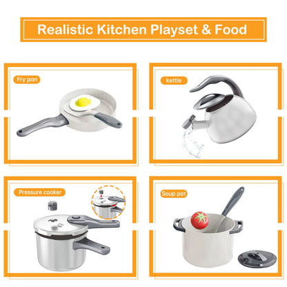Bruvoalon 32Pcs Kids Play Kitchen Toys Set, Toddlers Pretend Cooking Playset Acccessories with Pots Pans, Utensils Cookware, Foods, Canned Veges, Learning Gift for Kids Girls Boys (White)