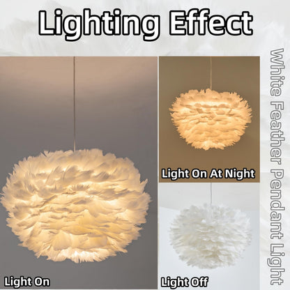 ZYLEISENBAO Chic White Feather Pendant Lights 15.8" Nordic Romantic Feather Chandeliers Mordern Dining Room Light Fluffy Hanging Lamp for Girl Bedroom Kitchen Island Laundry Study Room Porch
