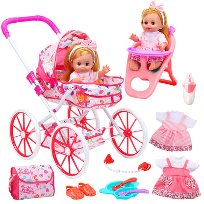 CUTE STONE Baby Doll Playset with Stroller for Girls – Pretend Play Baby Care Toy with High Chair, Clothes & Accessories