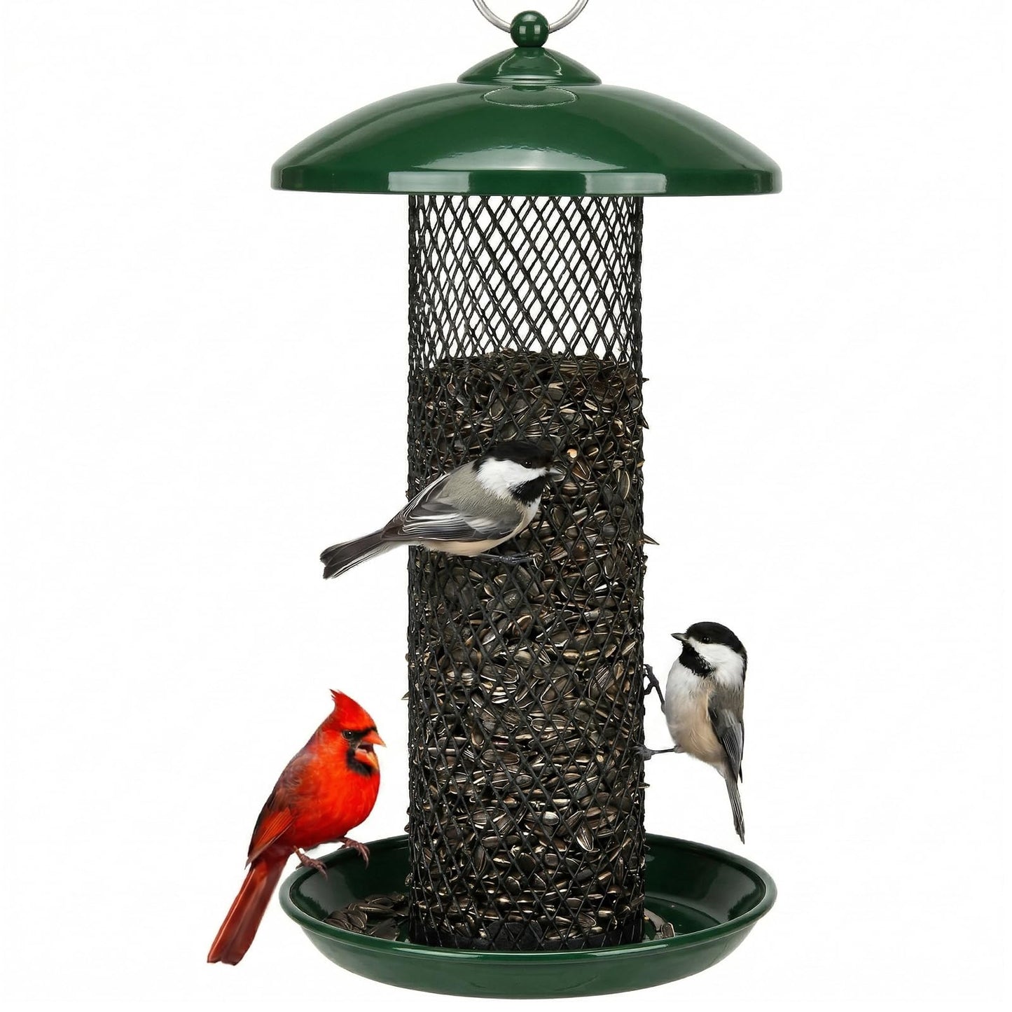 Kingsyard Mesh Tube Bird Feeders for Outdoors Hanging, All Metal, Wild Bird Feeder for Sunflower Seeds or Mealworm, Large Tray & Weatherproof Roof, 2.5 lbs Capacity (Dark Green)