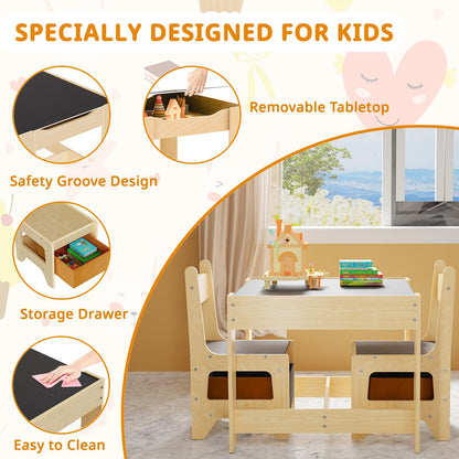 Kids Table and Chair Set, Wooden Activity Table with Storage Drawer, Detachable Tabletop for Toddlers Drawing, Reading, Art Crafts, Kids Learning Table and Chair Set for Home, Playroom (Wood color)