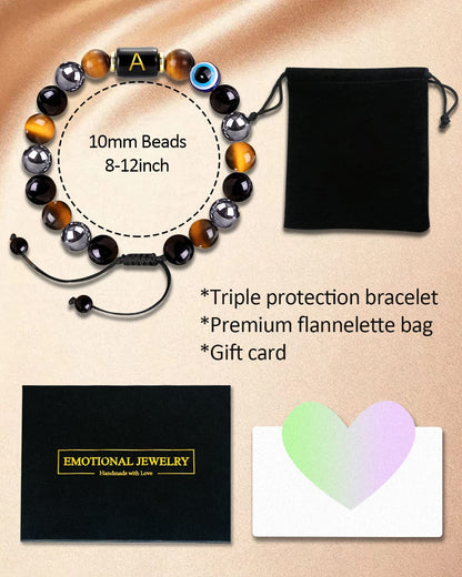 Dayka Initial Triple Protection Bracelet for Men,Black Evil Eye Tiger Eye Hematite Obsidian Good Luck Healing Crystal Stones Mens Bead Bracelet Jewelry Gift (F initial bracelet, Triple Protection)