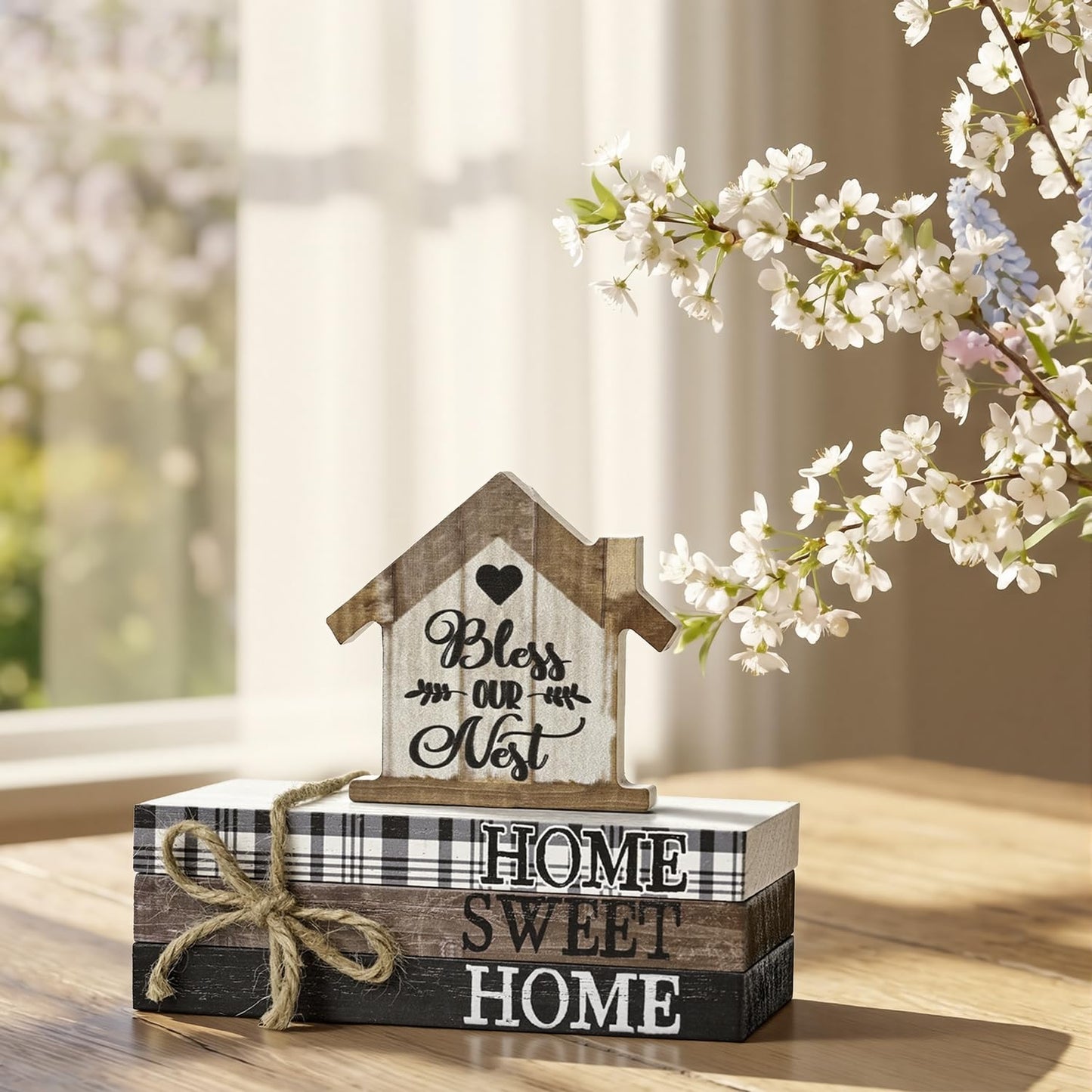 Smile Farmhouse Wooden Tabletop Decor Rustic Home Sweet Home Table Centerpiece, Block Sign Tiered Tray Decoration for Kitchen Shelves Desk Mantel
