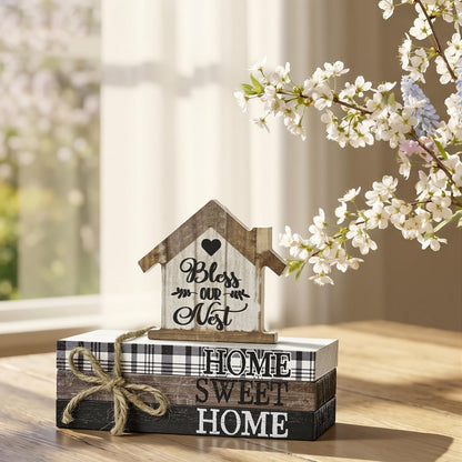 Smile Farmhouse Wooden Tabletop Decor Rustic Home Sweet Home Table Centerpiece, Block Sign Tiered Tray Decoration for Kitchen Shelves Desk Mantel