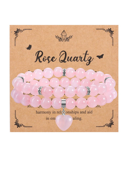 MANIFO 2pcs Rose Quartz Heart Crystal Bracelet for Women Crystal Bracelet Set Gemstone Beads Bracelets Jewellery Gifts for Birthday Valentines Christmas