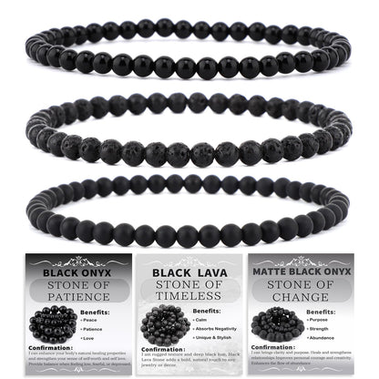 NCB 3-Piece 4mm Natural Crystal Gemstone Stretch Bracelets – ﻿Black Lava, Black Onyx, Matte Black Agate Handmade Reiki Energy Healing Jewelry for Meditation,Yoga, Unisex