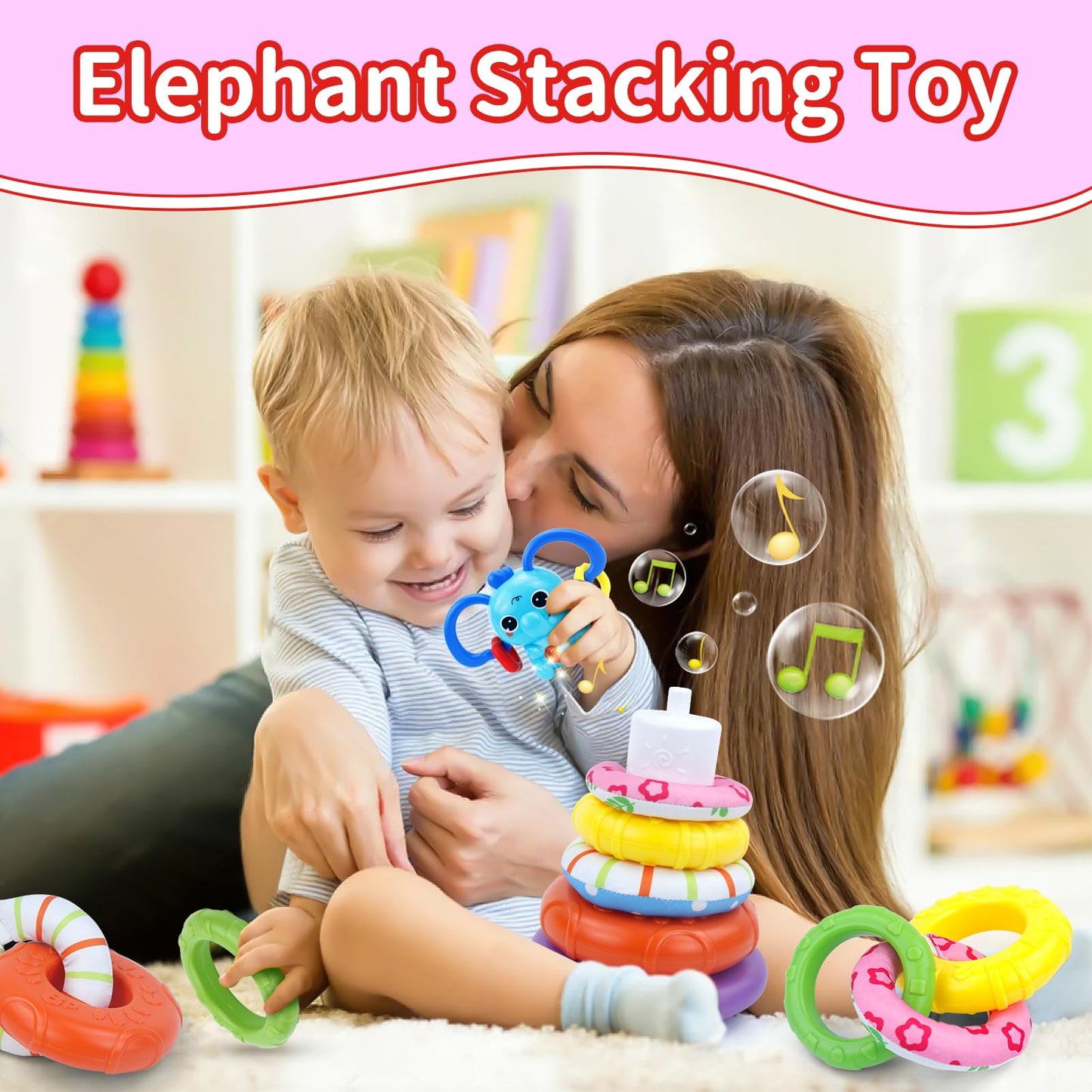 usrela 4 in 1 Baby Toy for 6 9 12 18 Month, Learning Toys for Babies 6-12 Months, Baby Busy Cube, Stacking Sorter, Pull String & Piano Xylophone Travel Toy, Birthday Gift for 1 2 Year Old
