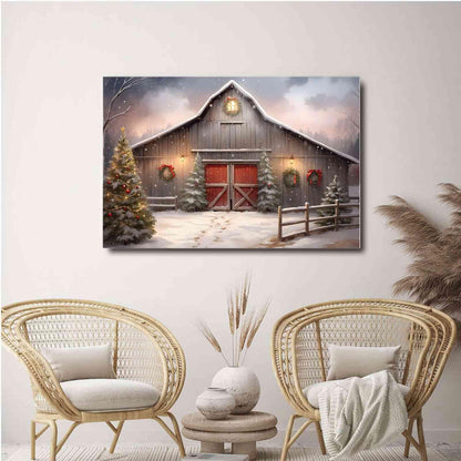 Canvas Wall Art Christmas Tree Farm Wall Art Winter Barn Print Snowy Barn Painting Rustic Farm Picture Farmhouse Winter Print 12x18in-UnFramed