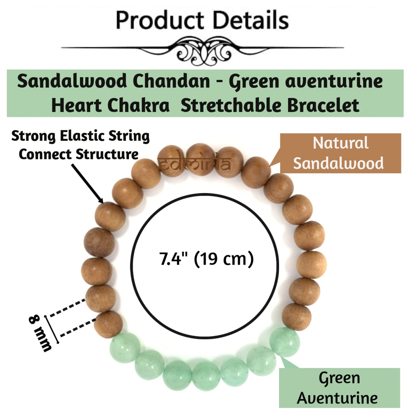 EDMIRIA Sandalwood Bracelet with Green Aventurine for Men and Women's Handmade Stretchable Elastic 8mm Chandan and Heart Chakra Round Beads Wrist Band for Yoga Meditation Astrological 7.4 Inch