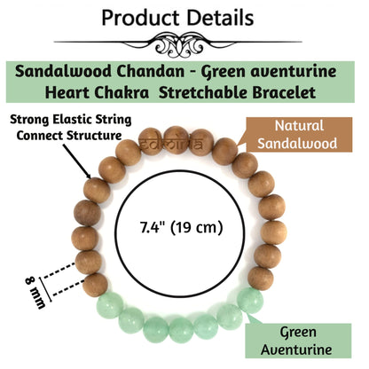 EDMIRIA Sandalwood Bracelet with Green Aventurine for Men and Women's Handmade Stretchable Elastic 8mm Chandan and Heart Chakra Round Beads Wrist Band for Yoga Meditation Astrological 7.4 Inch