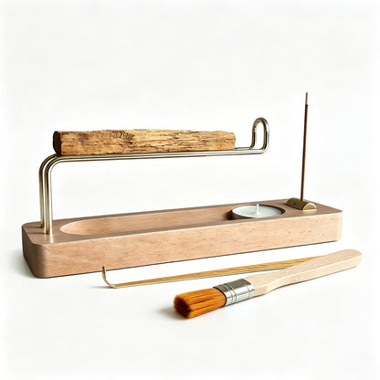 4 in 1 Incense Holder Suit with Wooden Base and Brass Holder, for Burning Palo Santo, Sage Sticks, Holy Wood, Multi-Functional with Ash Catcher and Tealight Candle Holder