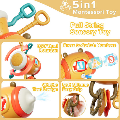 5 in 1 Montessori Busy Board Sensory Toy for Toddlers 1-3, Pull String Fidget Baby Toys 6-12 Months, Infant Carseat Plane Travel Activity, Educational Learning Birthday Gift for 1 2 Year Old Boy Girl
