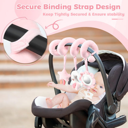 Yierchoo Spiral Car Seat & Stroller Activity Toy, Crib Hanging Rattles Toys for Ages 0-12 Months, Mirror, Textured Ribbons, Squeaky Carseat Stroller Toys, Newborn Baby Girl Gifts