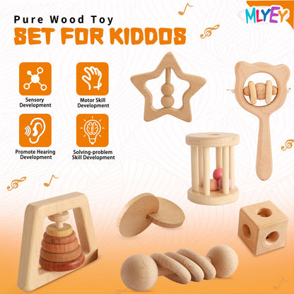 Wooden Rattles for Baby, 7PCS Wooden Montessori Toys for 7-24 Months Baby Boy Girl, Natural Beech Wood Grasping Toy, Gift for Babies
