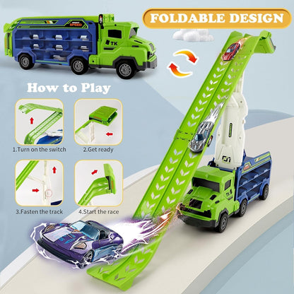 Toddler Car Truck Toys,Car Carrier Truck Toys for Kids Age 3-5 4-8,Foldable Car Track Sets with 2.8-Ft Race Track and 6 Die-Cast Race Cars, Truck Toys Gifts for 3 4 5 6 7 8+ Year Old Boys Girls(Green)