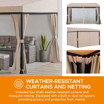 Sunjoy 10 x 12 ft Wall Mounted Gazebo with Weather Resistant Fabric Roof, Black Aluminum & Metal Frame Lean to Gazebo with Curtains and Netting