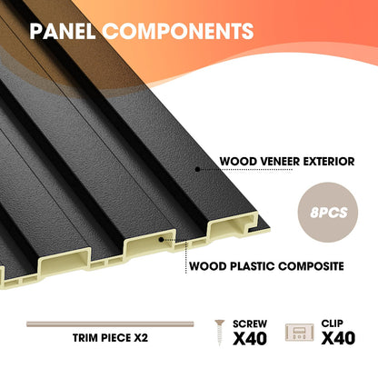OUZUGIE WPC Acoustic Slat Wall Paneling, 8-Pack 96 x 6 Inches 3D Wall Panels for Interior Wall Decor,Living Room,TV Background,Study Room,Office Spaces,Bedroom,Low Grille (Black)