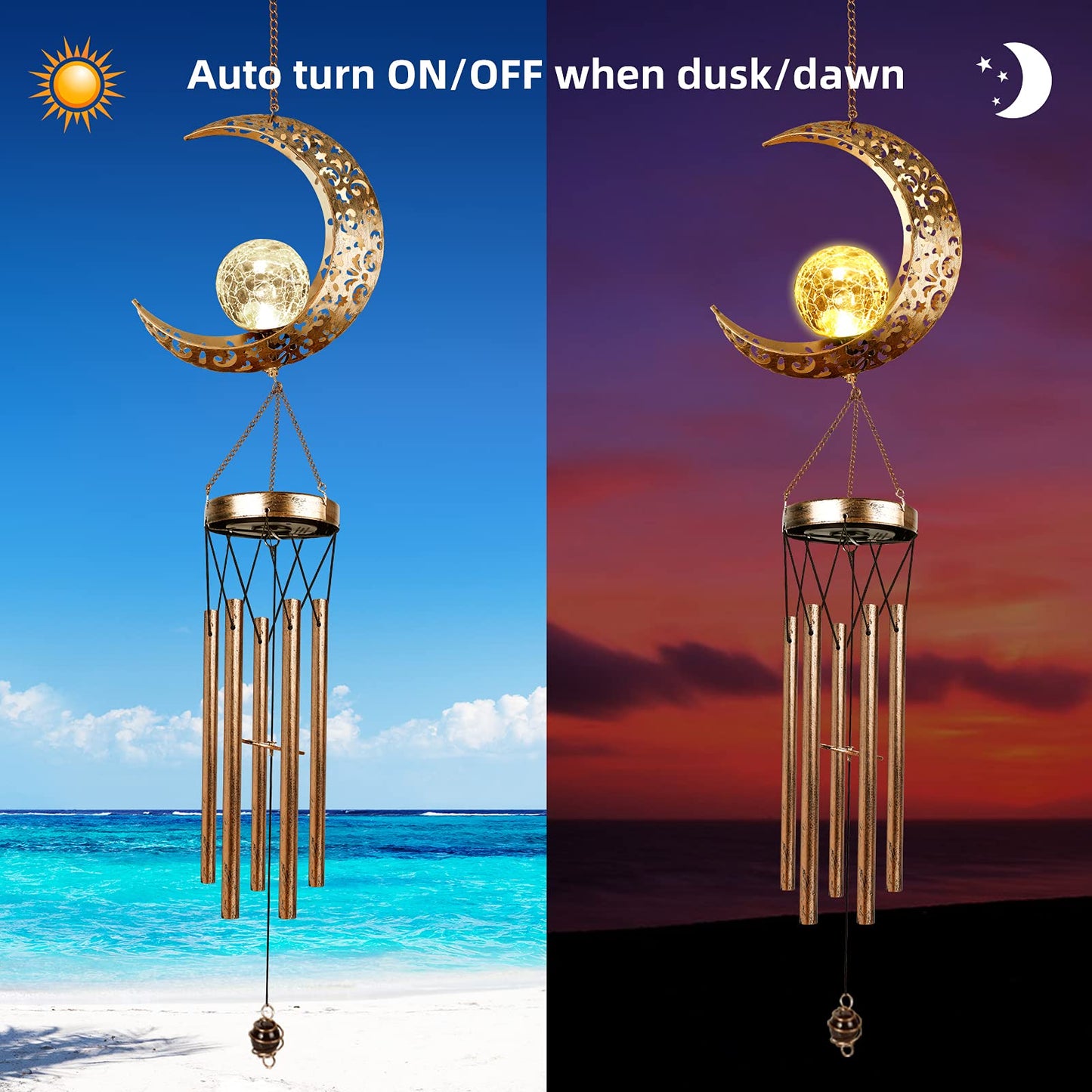 DesGully Solar Wind Chimes, Sun Wind Chime Outdoor Clearance w/Glowing Crackle Glass LED Unique Wind Bells for Outside Waterproof Chimes, Gifts for Her/Him (42" Long Metal Chimes)…