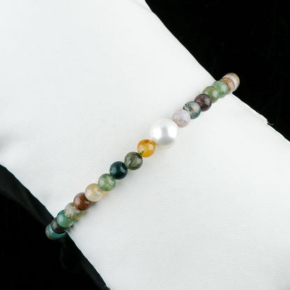 CRYSTALIS Natural Moss Agate Beads Slider Bracelet with Elegant Pearl, High Grade Beaded Crystals, Chakra Healing Gemstone, Gift Giving Women Jewelry, 925 Sterling Silver Slider 10 inch