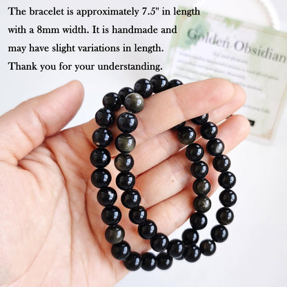 Handmade Natural Gemstone Elastic Bracelet - Healing Crystal Beads Jewelry, Unisex (Golden Obsidian, 8mm)