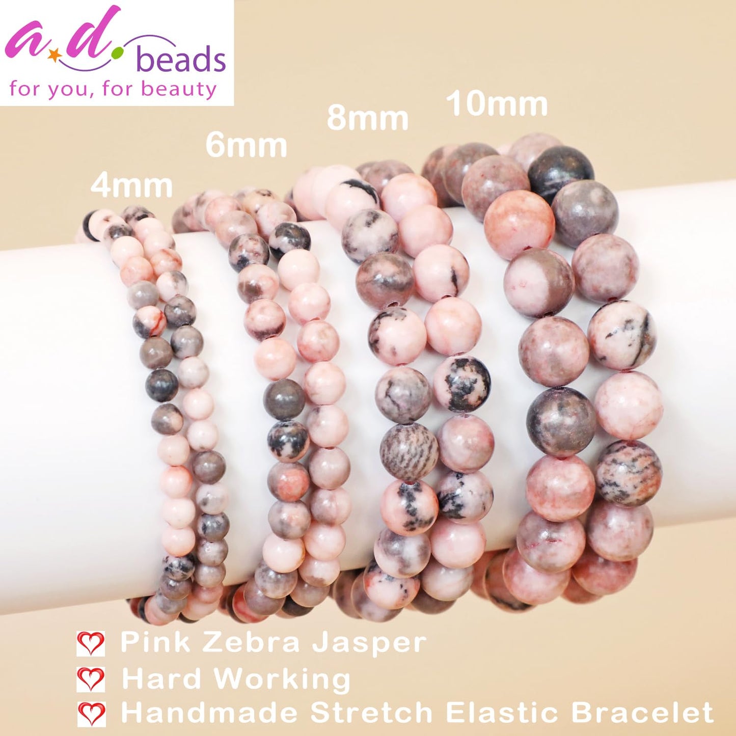 AD Beads Handmade Gemstone Stretch Elastic Bracelet Crystal Healing Reiki Nature's Beauty and Spiritual Essence Unisex (10mm, Pink Zebra Jasper (Hard Working))