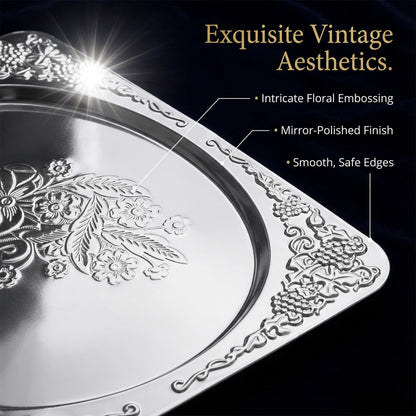 4 Pcs Silver Serving Trays Set 13.8" x 8.5" Small Stainless Steel Serving Tray Oval Floral Engraved Tray Heavy Duty Metal Serv ing Trays for Coffee Table, Bar, Party, Club, Home