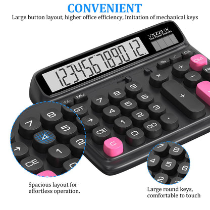 Desktop Calculator with Extra Large 5-Inch LCD Display, 12-Digit Two Way Power Solar & Battery Office Calculator with Big Buttons for Business, Accounting & Home Use(Black)