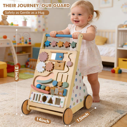 Montessori Safe Wooden Baby Walker, Adjustable Speed Baby Push Walker for Girls and Boys, Morandi Activity Center Toy for Kids' Development, Ideal Gift for Toddlers