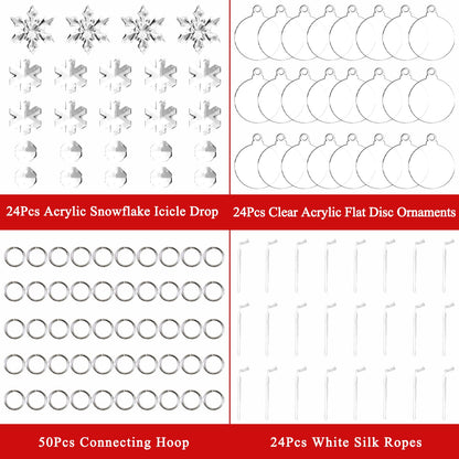 24 Pack Christmas Tree Ornaments Set - 3 Inch Clear Acrylic Flat Disc Ornaments DIY Christmas Crafts with Transparent Crystal Snowflakes for Xmas Winter New Year Party Hanging Decorations