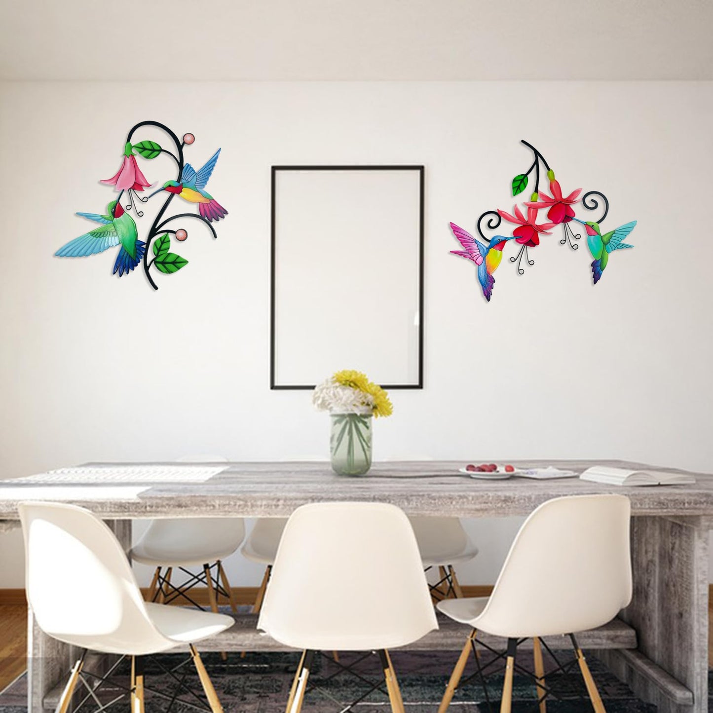 Meduofon 2 Pack Metal Hummingbird & Flower Outdoor Wall Art Decor, Creative Wall Decor for Patio, Fence, Deck, Garden, Home, Kitchen, Balcony