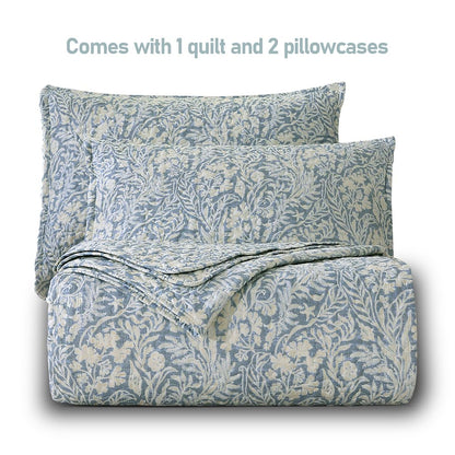 DURLENGEN Botanical Quilt Set King Size 3Pcs, Bluish Grey Printed with Beige Leaves Pattern,Soft Polyester Lightweight Bedspread for All Season Layering(King 106x96,Beige Botanical)