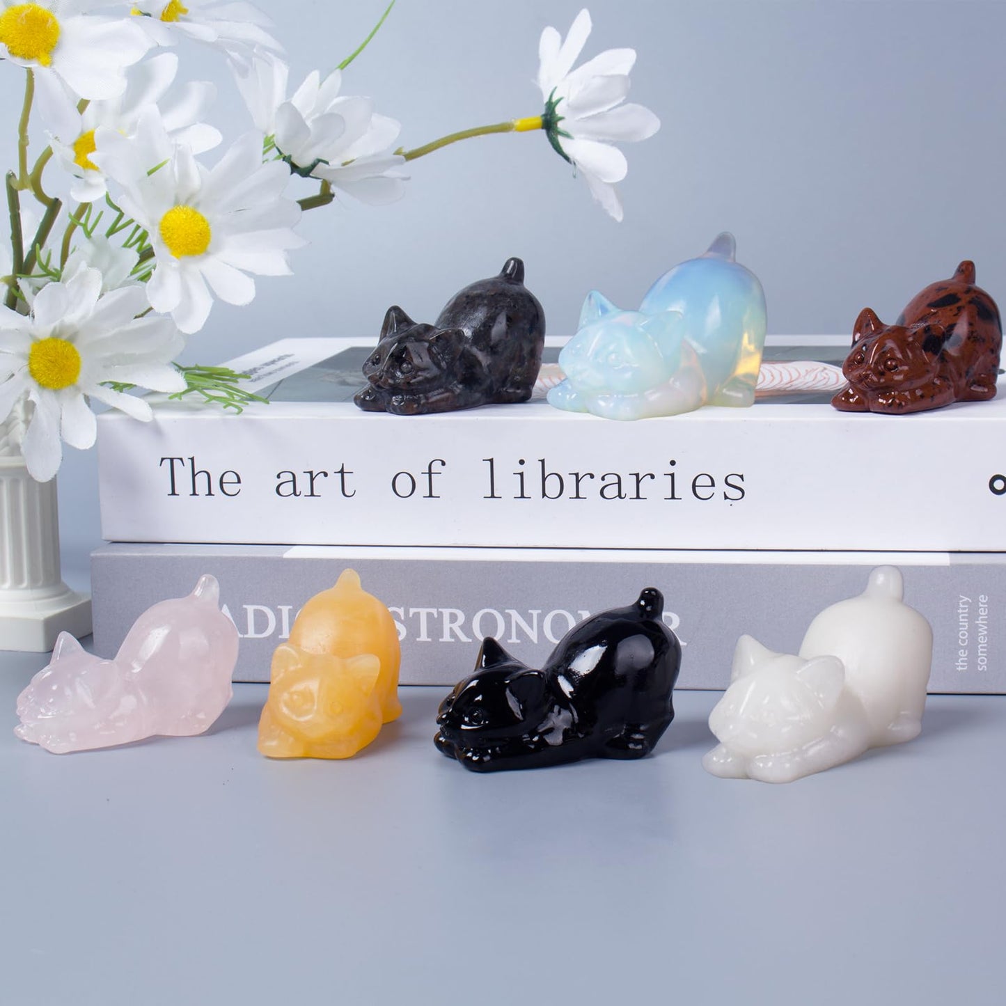 2 Inch White Opalite Cat Crystal Figurines, White Kitten Statues for Kitten Lovers and Collectibles, Cat Decor Fingurines for Home Desk Office, Carved Healing Crystal Reiki Animal Gifts for Women