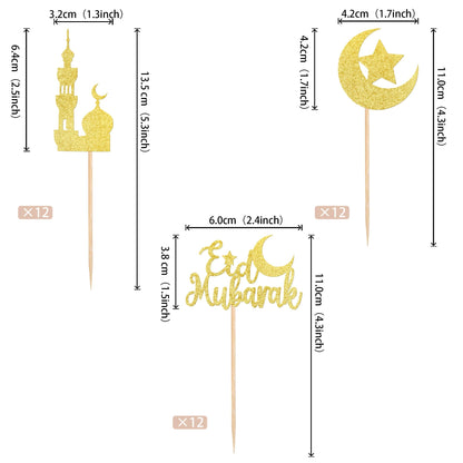 24 PCS Eid Mubarak Cupcake Toppers Gold Glitter Moon Star Ramadan Kareem Cupcake Picks for Eid Islamic Muslim Theme Party Cake Decorations Supplies