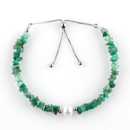 CRYSTALIS Natural Emerald Beads Slider Bolo Bracelet with Elegant Pearl, Uncut Chips Nuggets Crystals, Chakra Healing Gemstone, Women Jewelry, 925 Sterling Silver Slider 10 inch