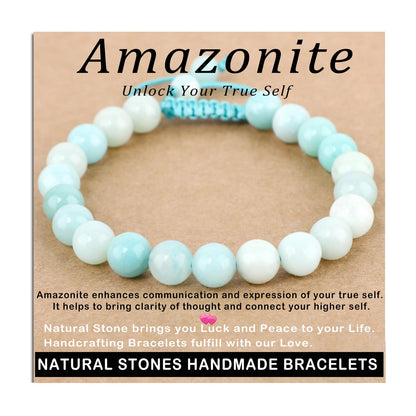 AD Beads 8mm Amazonite - Unlock Your Ture Self - Handmade Natural Stone Crystal Bracelet with Adjustable Macrame String - Yoga Healing Power Energy Gifts for Men and Women