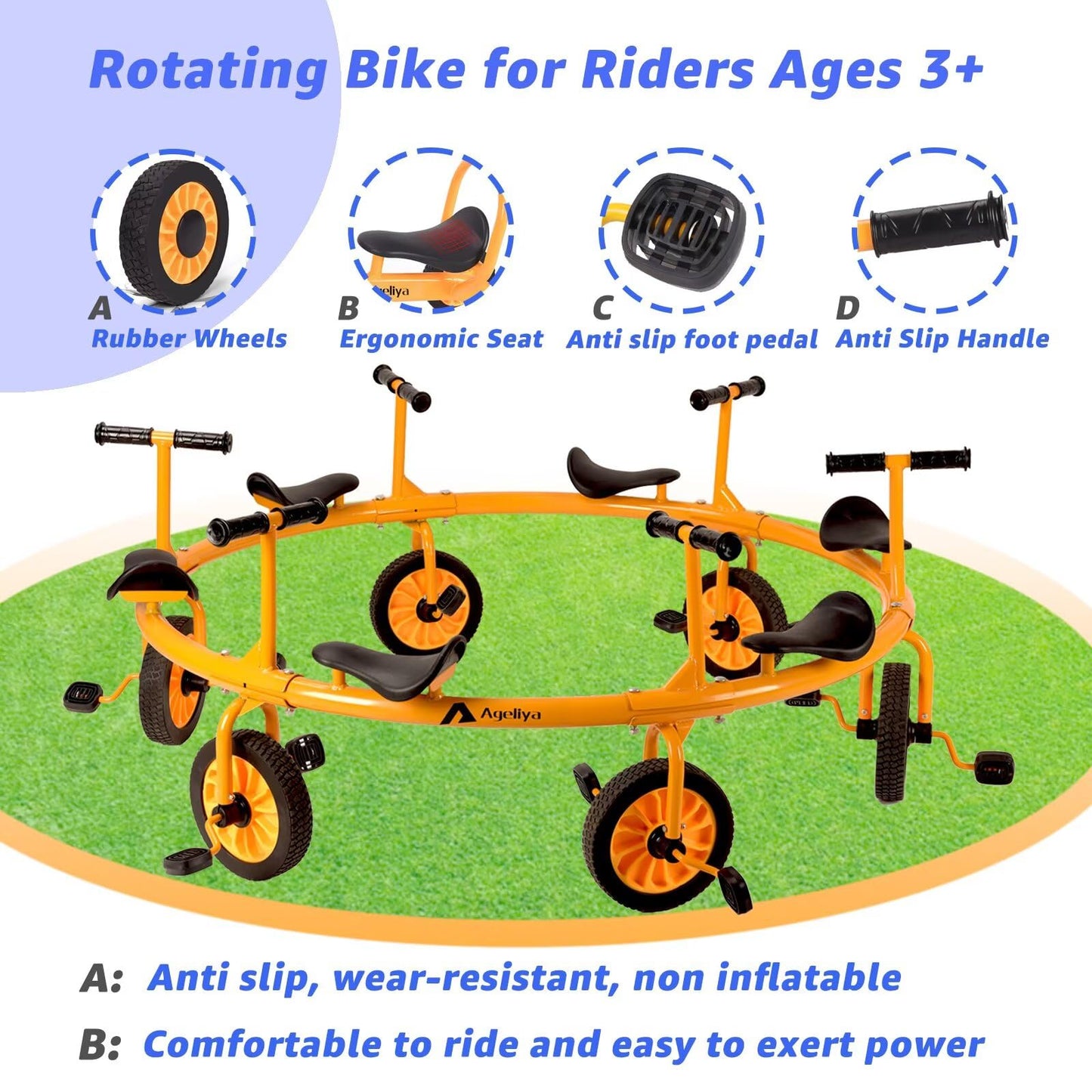 Ageliya Tricycle Merry Go Round Preschool Pedal Vehicles for Kids Aged 3+, Rotating Bike 6 Seats 360 Spin for Kindergarten Playground Daycare and Classroom Outdoor Play Equipment Yellow