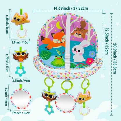 OKOOKO Car Seat Toy Rear Facing Car Seat Toy Baby Travel Toy Double-Sided with Baby Mirror Plush Toys Rattle Teether Thickened Pad Adjustable Sensory Toy for Newborn Infant