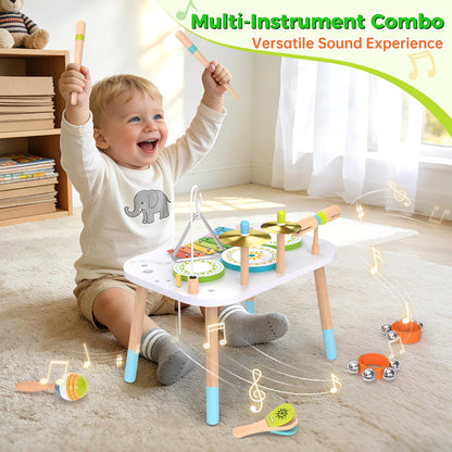 12-in-1 Drum Set for Toddlers 1-3,Baby Musical Instruments Table ,Wooden Montessori Toys with Xylophone,Bongo Drums,Cymbals,Maracas & Wrist Bells,Birthday Gift for 1 2 3 Year Old Boy Girls
