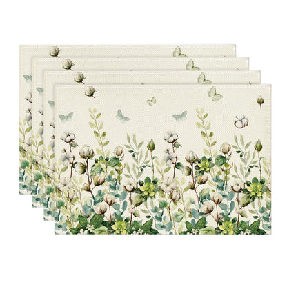 Artoid Mode Cotton Plant Leaf Butterfly Spring Placemats Set of 4, 12x18 Inch Seasonal Summer Holiday Table Mats for Party Kitchen Dining Decoration