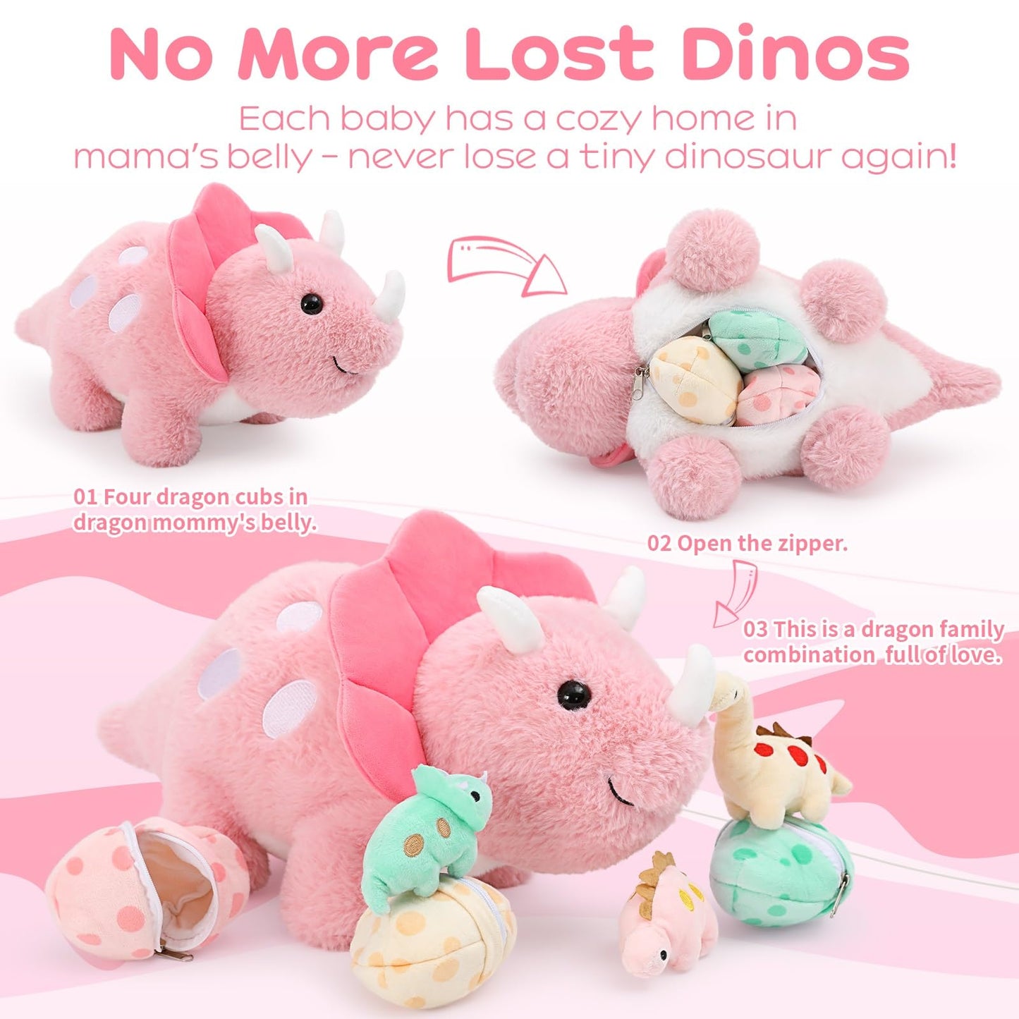 Karister 17.6in Pink Dinosaur Toys for Girls, Mommy Dinosaur Stuffed Animal with 3 Baby Dino Plush(Triceratops, Stegosaurus and Diplodocus),Small Dino Plushies for Girls and Boys,Gifts for Kids