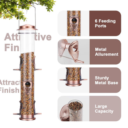 MIXXIDEA Metal Tube Bird Feeders for Outdoors - 6 Ports Hanging Feeder Attracts Wild Birds in Your Lawn, Garden, Balcony - Antique Copper - 1 Pack