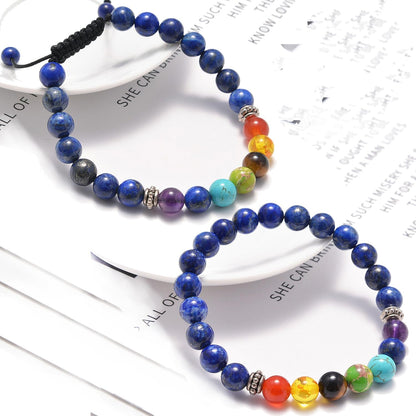 AD Beads 2Pcs His & Hers Distance Beads Bracelets Elastic Natural Stone Yoga Bracelet (7 Chakras-Lapis)
